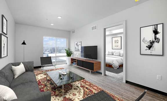 a living room with a couch and a coffee table