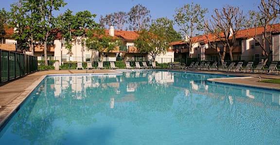 a large swimming pool with trees and apartments in the background