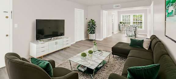 a living room with couches and a coffee table and a television