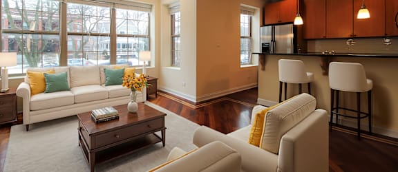 a living room with a couch and a table