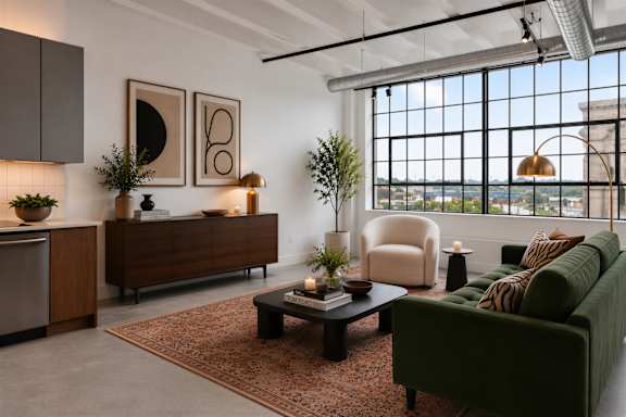 A modern living room with a green couch and a coffee table with a book titled "Tom Ford 002" on it.