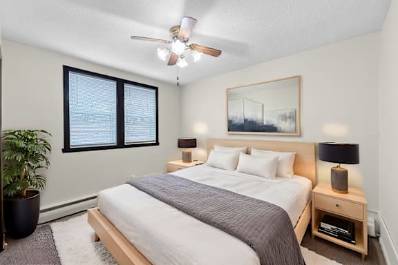 A bedroom with a large bed, a ceiling fan, and a potted plant.