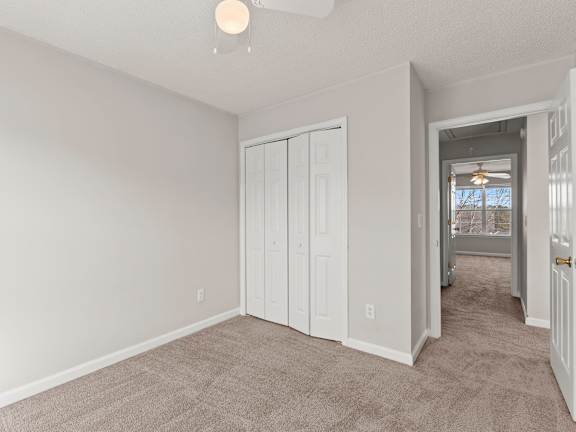 A room with white walls and a carpeted floor.