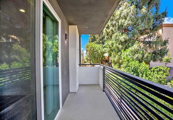 A balcony with a black railing and a glass door leading to a lush green outdoor area.