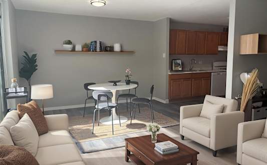 a dining room and kitchen with a table and chairs at The Langston Views, Washington, DC, 20020