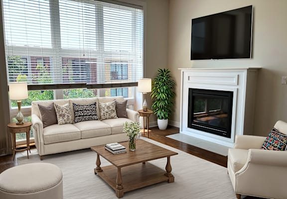 a living room with a couch and a fireplace and a television