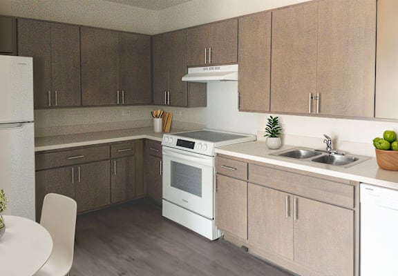 a kitchen with wooden cabinets and white appliances and a table and chairs