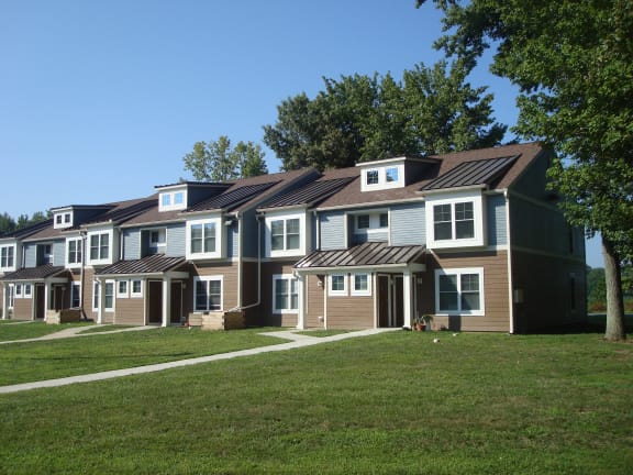 a row of houses on a grassy hill with trees in the background
