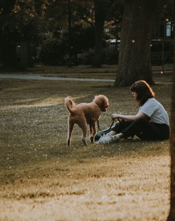 a woman sitting in a park with her dog