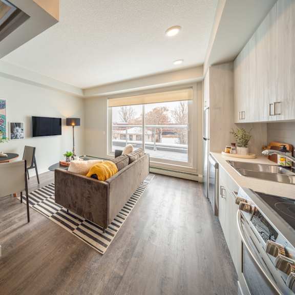 A modern kitchen with a view of the backyard.
