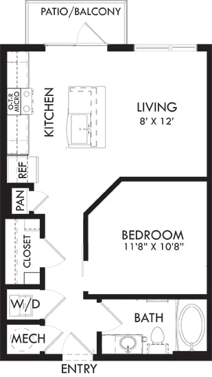 Arthur 1 bedroom, 1 bath. Kitchen with Island and Pantry. Washer/Dryer. Patio/Balcony