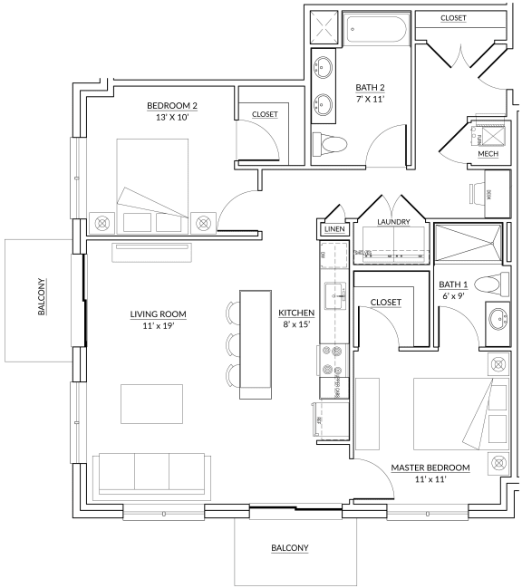 Grande Style B - 2 bed, 2 bath apartment floor plan