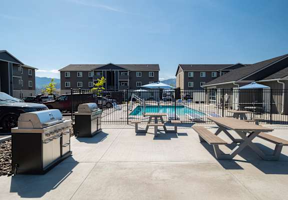 outdoor pool and bbq area