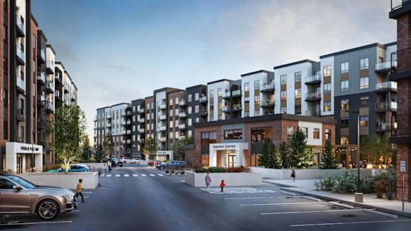 Douglas Place exterior rendering with front entrance and modern architecture in Calgary