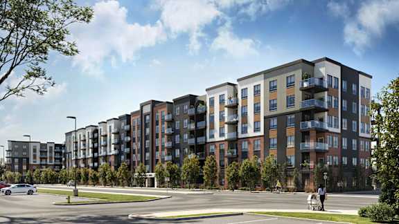 Douglas Place apartment building exterior with modern design and landscaping in Calgary