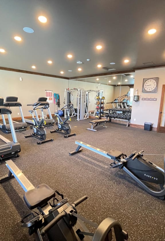 an exercise room with treadmills and ellipticals