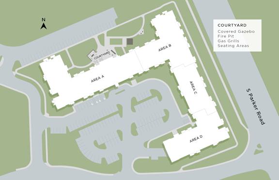 A map of a courtyard with four areas labeled A, B, C, and D.