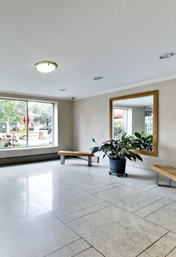 an empty living room with a large window and a potted plant