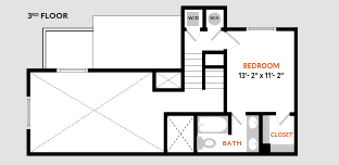 A floor plan of a 3rd floor with a bedroom, bath, and closet.
