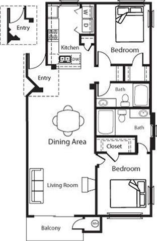 Andalusian - 2 Bedroom 2 Bath Floor Plan Layout - 1114 Square Feet