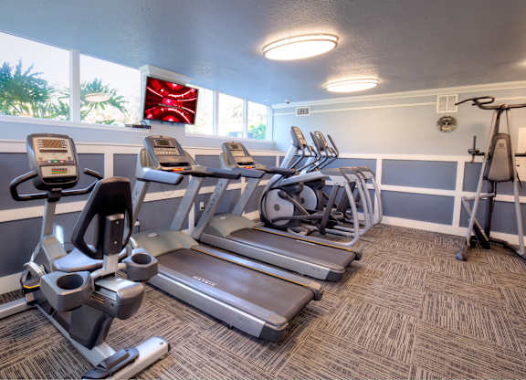 Getting a cardio workout is no sweat with treadmills, ellipticals and stationary bikes in the fitness center.