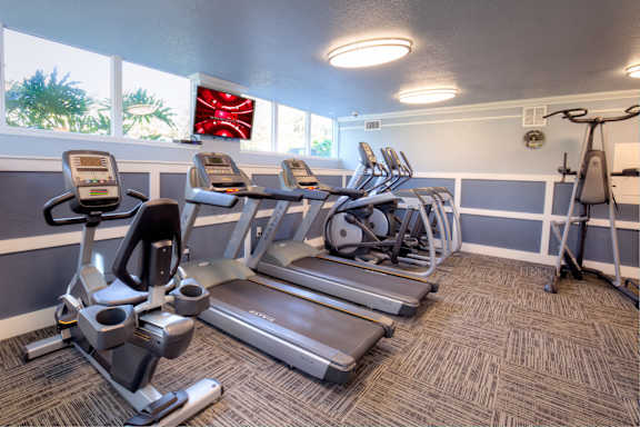 Getting a cardio workout is no sweat with treadmills, ellipticals and stationary bikes in the fitness center.
