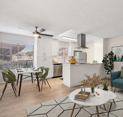 Waterleaf Apartment Homes in Vista, California Model Living Room and Kitchen