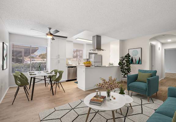 Waterleaf Apartment Homes in Vista, California Model Living Room and Kitchen