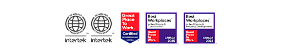 A series of logos and certifications for Intertek, including Great Place to Work Certified and Best Workplaces in Real Estate & Construction.