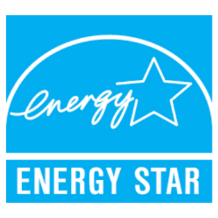 a blue logo with a white star on a blue background