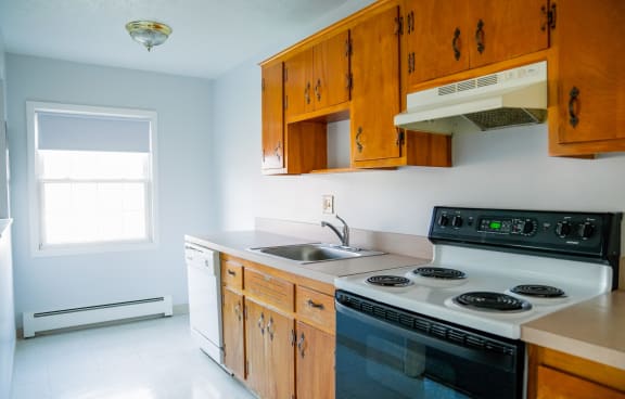 a kitchen with a stove and a sink and wooden cabinets