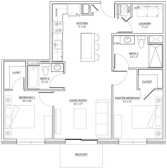 Tuxedo Style B - 2 bed, 2 bath apartment floor plan