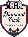 A graphic for Diamond Park Townhomes features a row of houses and a bench.