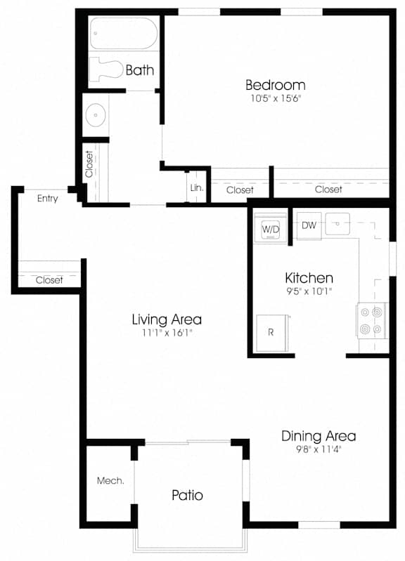 1 Bedroom Floor Plan at The Apartments at Hunters Glen, Frederick, MD, 21702