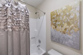 Bathroom with Shower with Silver Curtains, Bathtub and Gray/Gold Painting