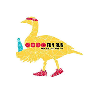 an image of a dinosaur fun run pin with the words fun run will you get