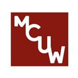 a red and white logo with the letters cm on it