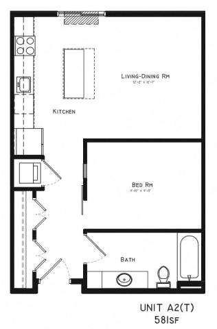 A floor plan of a small apartment with a kitchen, living room, bedroom, and bathroom.