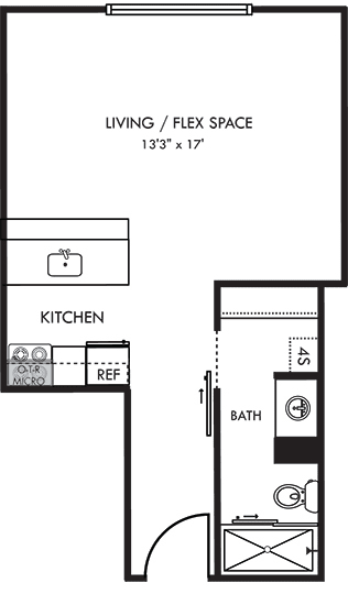 The Leigh studio apartment with kitchen that opens into living and flex space. One Bathroom with sliding barn door and open closet with linen storages