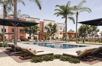 a rendering of a pool with lounge chairs and palm trees