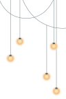 a line of three light fixtures in black metal and peach spheres on a white background