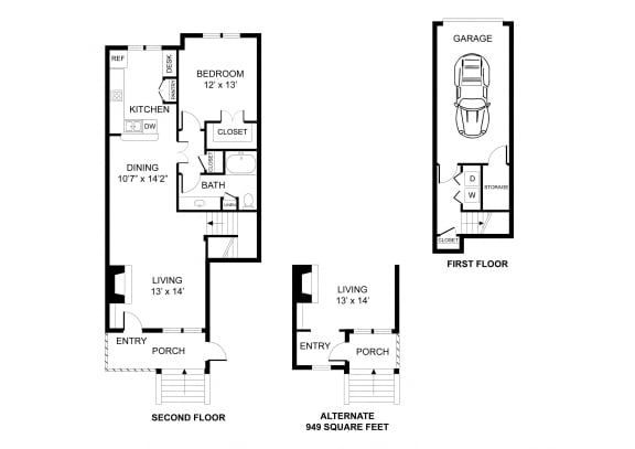 One bedroom, one bathroom, town home,  walk in closet, laundry room, hvac room, pantry, living room, kitchen, THE PURDUE floor plan, 906 square feet.