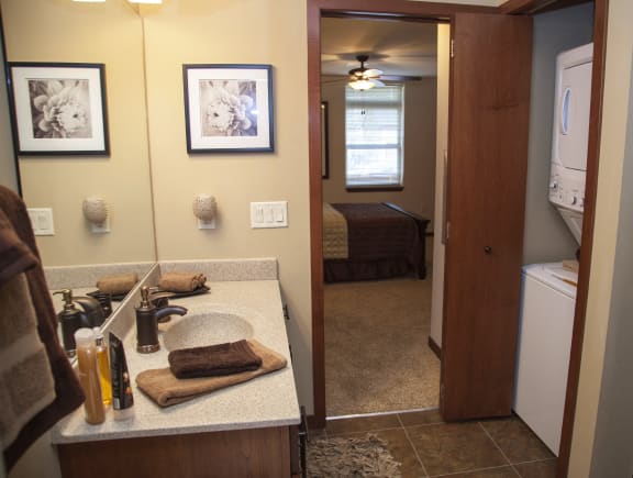 Bathroom With Washer Dryer at Vicinato, Madison, WI, 53715