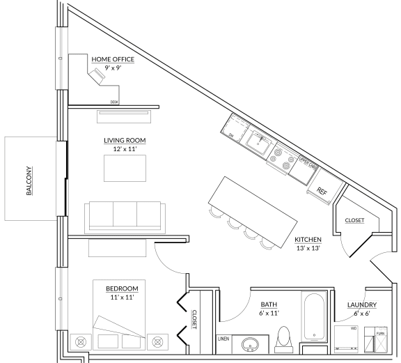Lincoln Style E - 1 bed, 1 bath apartment floor plan