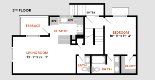 A floor plan of a 2nd floor apartment with a living room, kitchen, terrace, bathrooms and a bedroom.