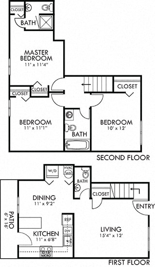 Tarragon 3 bedroom townhome. 1st floor kitchen-dining-laundry-living-half bath. 2nd floor bedrooms-1 shared bath-1 half bath. Closets