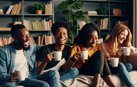 Four people are sitting on a couch, each holding a mug, and smiling.