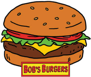 A cartoon image of a burger with the text