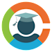 A graduation cap is centered in a circle with a green, orange, and blue background.