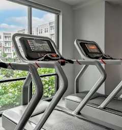 Two treadmills are in a room with a view of the outdoors through a window.